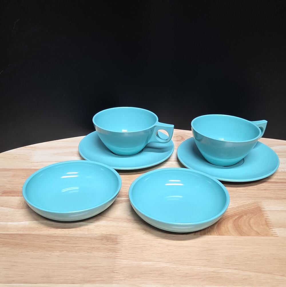 Westinghouse Newport Melmac Aqua Turquoise Cup Saucer Fruit Bowl Set of 2 USA